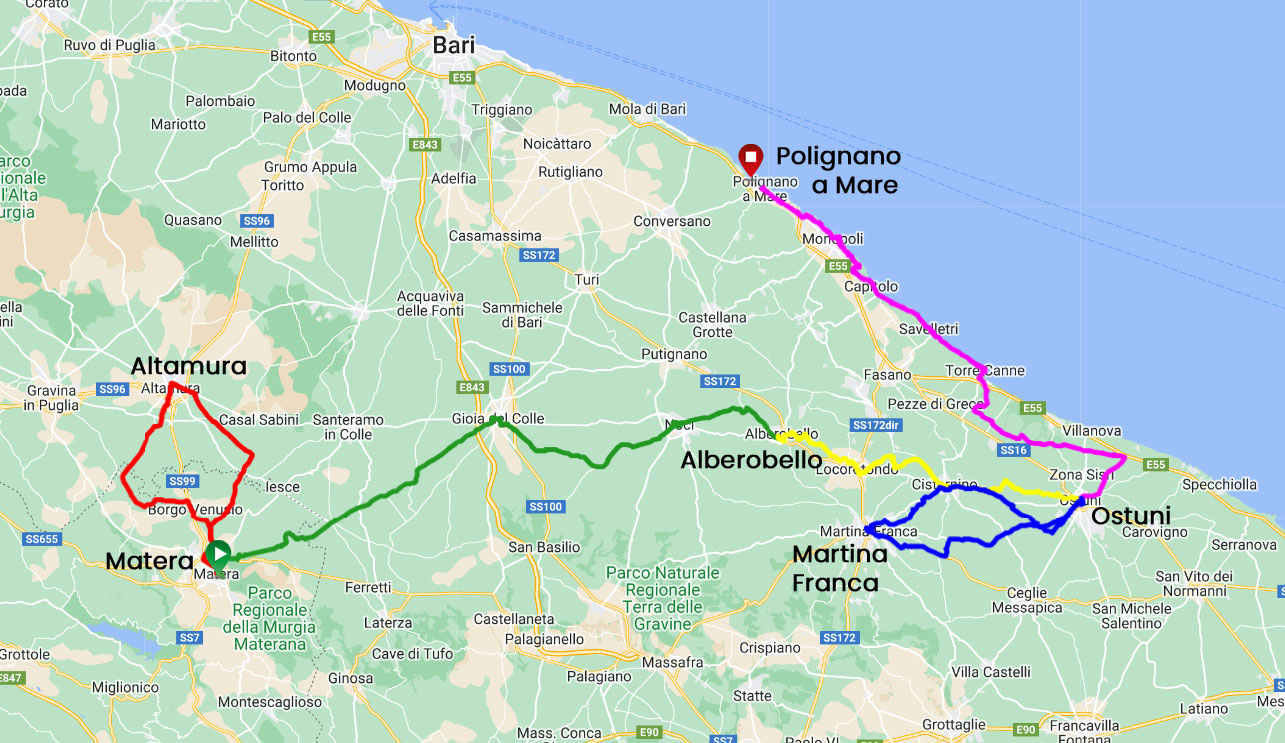 puglia bike tour matera to Polignano map